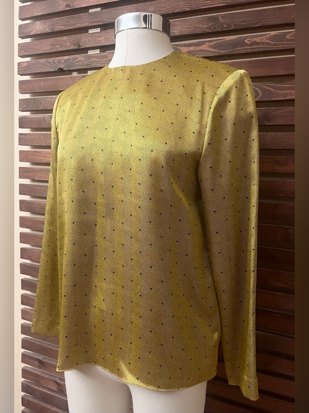 Vintage 1980s 80s Kasper Gold & Black Polka Dot Metallic Print Long Sleeve Shirt